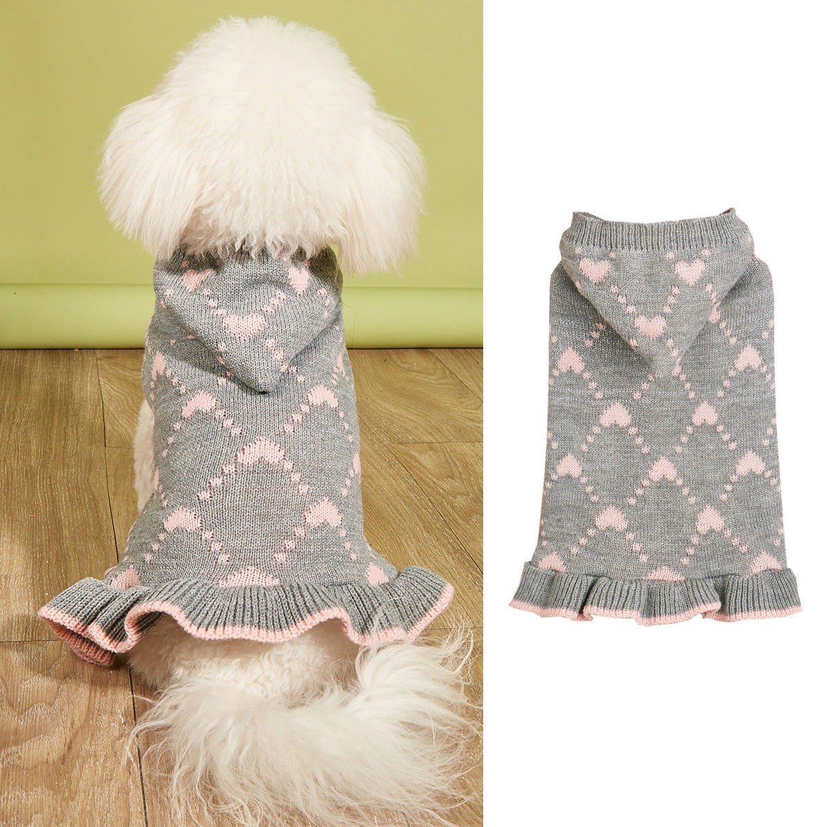 Heart Pattern Dog Cat Hooded Sweater Dress